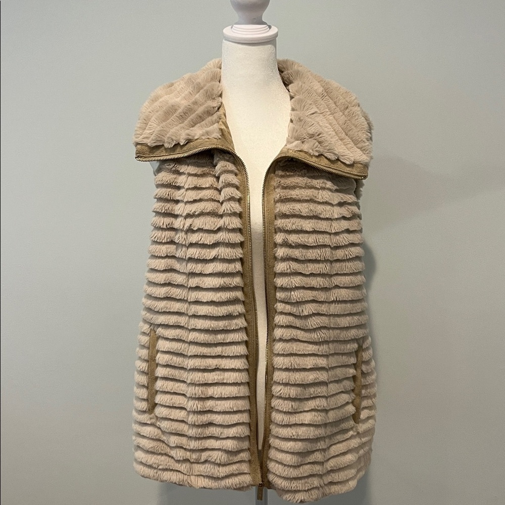 Calvin Klein Cream Faux Fur Ribbed Vest with Shawl Collar